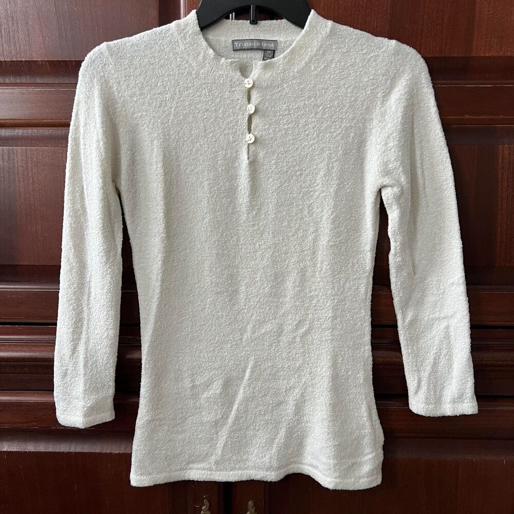 Tristan & Iseut Super Soft & Stretchy White 1/4 Button Mock Neck Sweater XS
